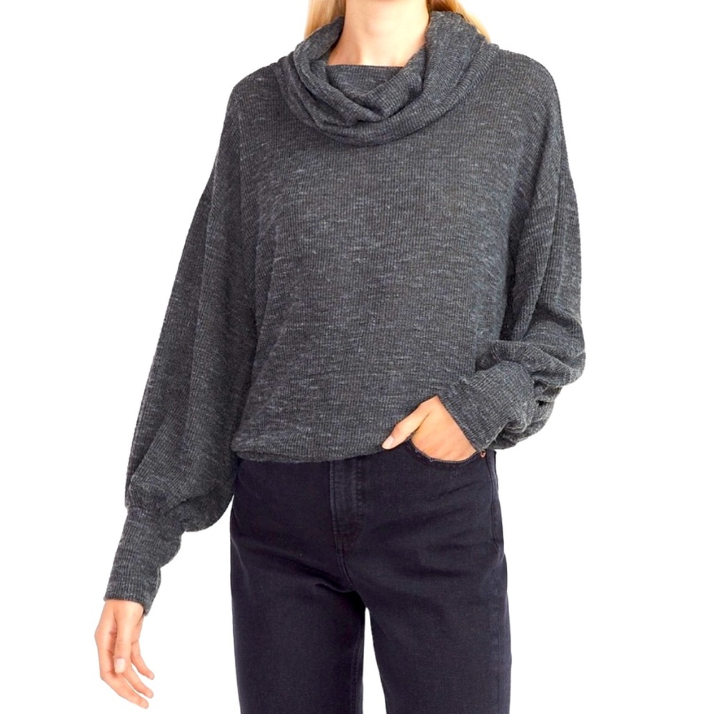 Express Charcoal Gray Ribbed Cowl Neck Banded Bottom Tee Sweater, Women's XS.